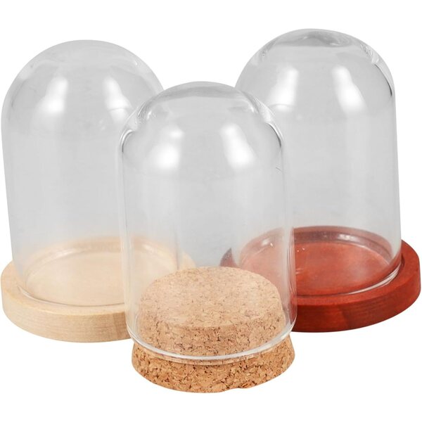 3 Cupole Decorative Mini con Base in Legno per Fiori Conservati e Micro-Paesaggi