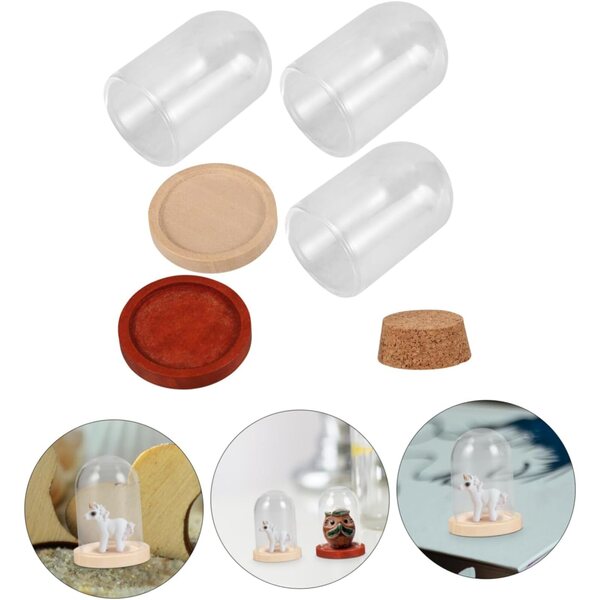3 Cupole Decorative Mini con Base in Legno per Fiori Conservati e Micro-Paesaggi