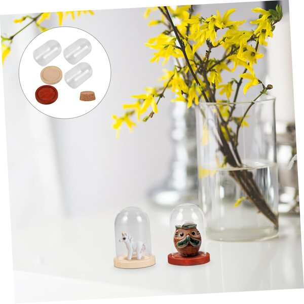 3 Cupole Decorative Mini con Base in Legno per Fiori Conservati e Micro-Paesaggi