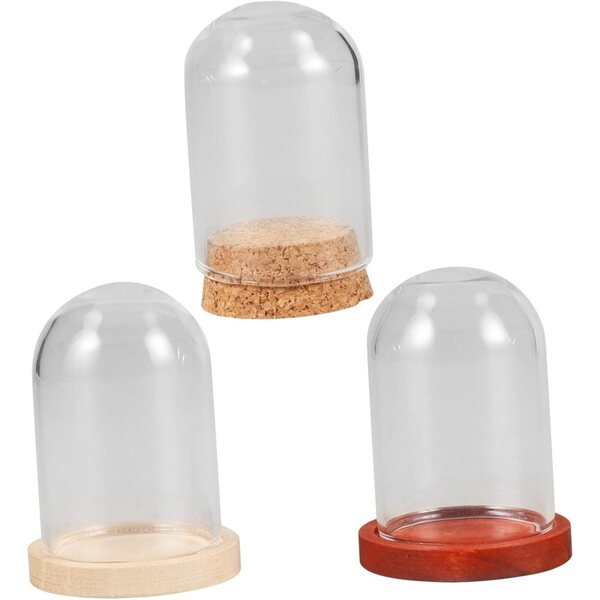 3 Cupole Decorative Mini con Base in Legno per Fiori Conservati e Micro-Paesaggi