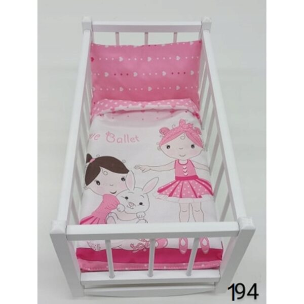 Dondolo in legno bianco con set biancheria per bambole 3 pezzi