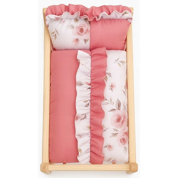 Culla per bambole in legno con biancheria da letto in cotone premium, realizzata a mano 555