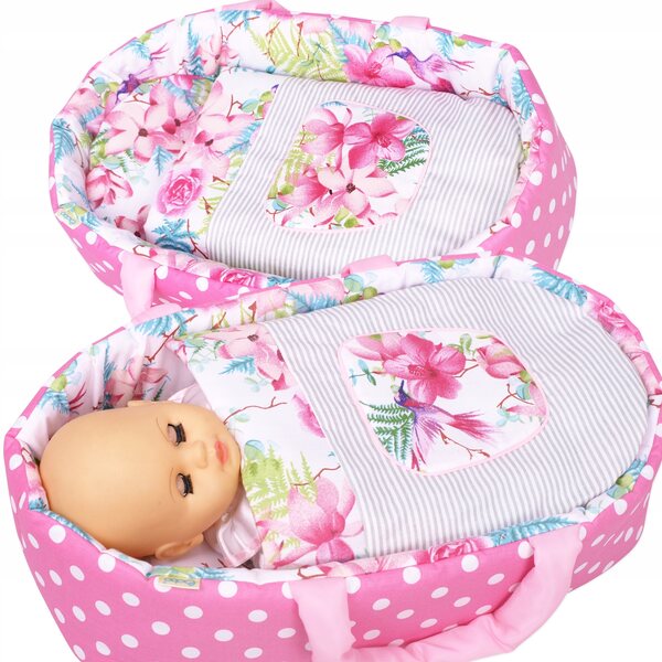 Marsupio per bambole 45 cm, fiori rosa - cotone morbido e imbottitura anallergica