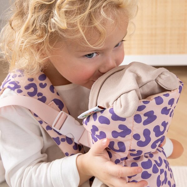 Babytrage für Leo-Puppen bis 50 cm mit lila Leopardenmuster, verstellbare Träger