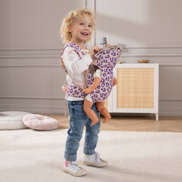 Babytrage für Leo-Puppen bis 50 cm mit lila Leopardenmuster, verstellbare Träger