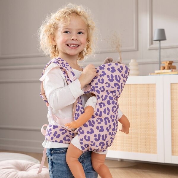 Babytrage für Leo-Puppen bis 50 cm mit lila Leopardenmuster, verstellbare Träger