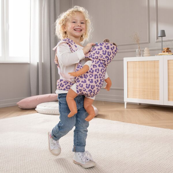 Babytrage für Leo-Puppen bis 50 cm mit lila Leopardenmuster, verstellbare Träger
