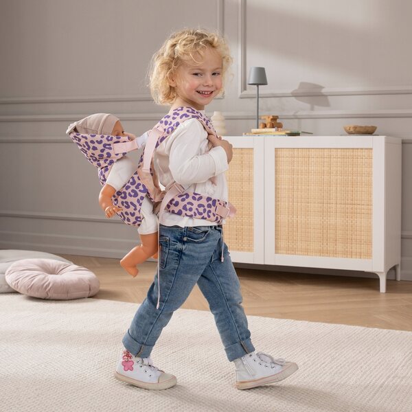 Babytrage für Leo-Puppen bis 50 cm mit lila Leopardenmuster, verstellbare Träger