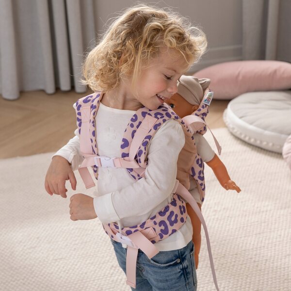 Babytrage für Leo-Puppen bis 50 cm mit lila Leopardenmuster, verstellbare Träger