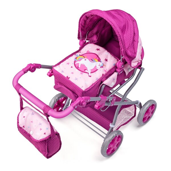 Passeggino per bambole profondo Woody rosa con motivo unicorno, regolabile e pratico