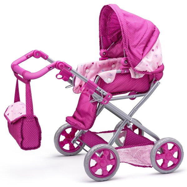 Dunkelrosa Woody Puppenwagen mit Einhornmuster, verstellbar und praktisch