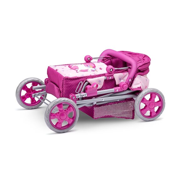 Dunkelrosa Woody Puppenwagen mit Einhornmuster, verstellbar und praktisch