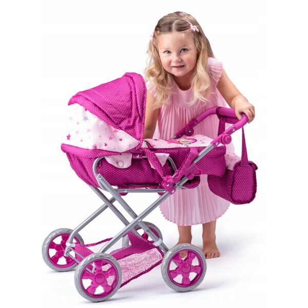 Dunkelrosa Woody Puppenwagen mit Einhornmuster, verstellbar und praktisch