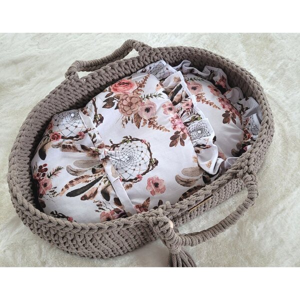 BOHO Baumwoll-Moseskorb, Babytrage für Puppen, Moccafarbe, handgefertigt