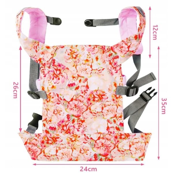 Eine Babytrage für Puppen mit verstellbaren Trägern und Blumenmuster