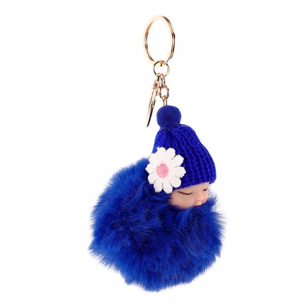 Portachiavi in peluche blu con pompon, bambola addormentata: un'aggiunta unica alla tua borsetta