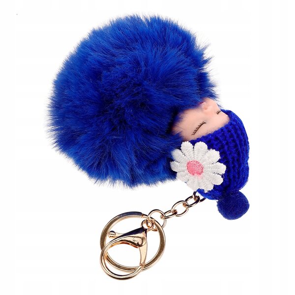 Portachiavi in peluche blu con pompon, bambola addormentata: un'aggiunta unica alla tua borsetta
