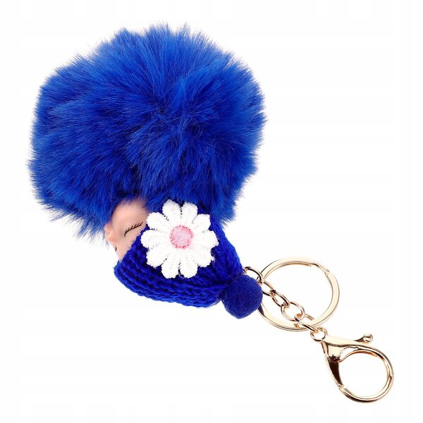 Portachiavi in peluche blu con pompon, bambola addormentata: un'aggiunta unica alla tua borsetta