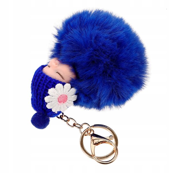 Portachiavi in peluche blu con pompon, bambola addormentata: un'aggiunta unica alla tua borsetta