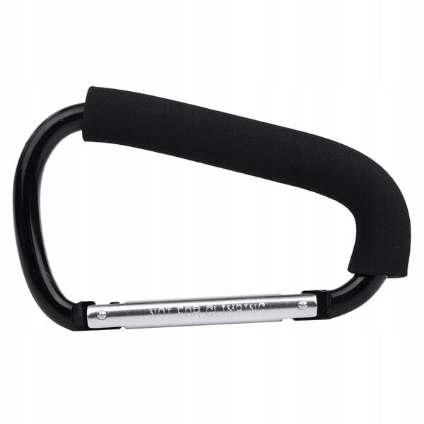 Schwarzer Kinderwagenhaken mit sicherem und einfach zu montierendem Karabiner