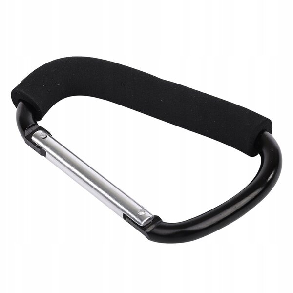 Schwarzer Kinderwagenhaken mit sicherem und einfach zu montierendem Karabiner