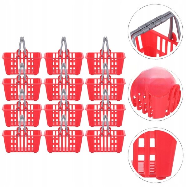 Set mit 12 Mini-Spielkörben für Kinder aus rotem Kunststoff, perfekt für den Spielzeugsupermarkt