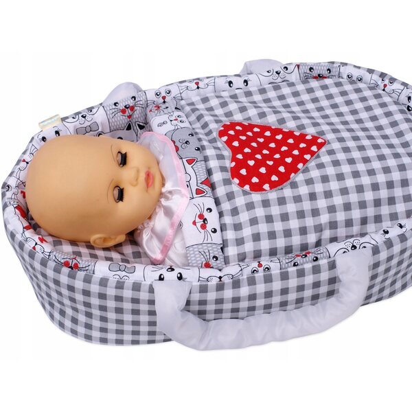Marsupio per bambole BOBO, grigio 45 cm, con biancheria da letto in cotone e applicazioni