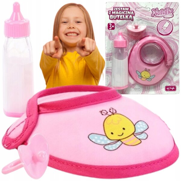 Set per la cura della bambola Natalia con biberon magico, ciuccio e bavaglino