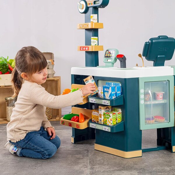 Kindersupermarkt mit Kasse, Einkaufswagen und Lernzubehör