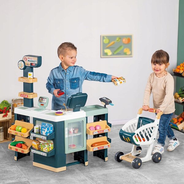 Kindersupermarkt mit Kasse, Einkaufswagen und Lernzubehör