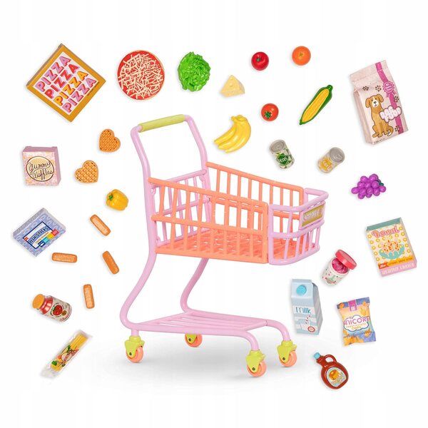 Glitzer-Mädchen-Einkaufswagen mit Zubehör für 36 cm große Puppen mit Essen