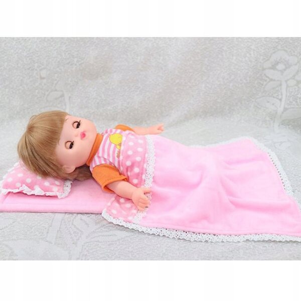 Komplettes Bettwäscheset für 25-cm-Puppen mit rosa gepunkteter Matratze, Decke und Kissen