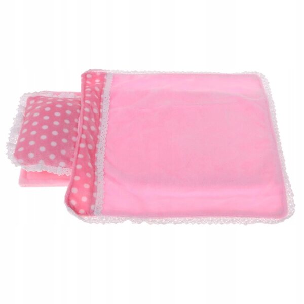 Komplettes Bettwäscheset für 25-cm-Puppen mit rosa gepunkteter Matratze, Decke und Kissen