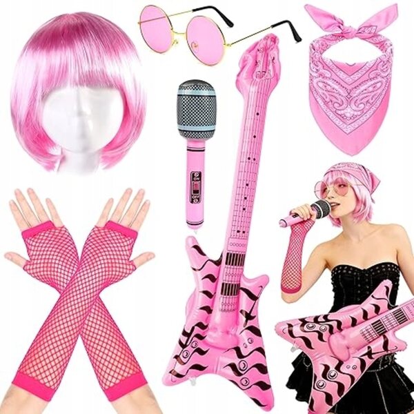 Rosa Rocker-Kostüm mit komplettem Set aus 6 Accessoires für Erwachsene