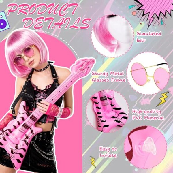 Rosa Rocker-Kostüm mit komplettem Set aus 6 Accessoires für Erwachsene