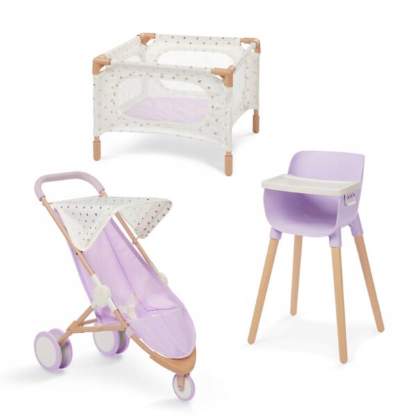 LullaBaby Set Accessori per Bambole con Seggiolone, Lettino e Passeggino Lila