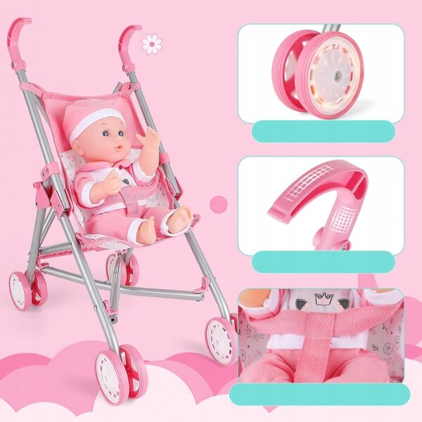 DeAO Spielzeugset für Babypuppen 30 cm mit Kinderwagen, Kinderbett und Zubehör