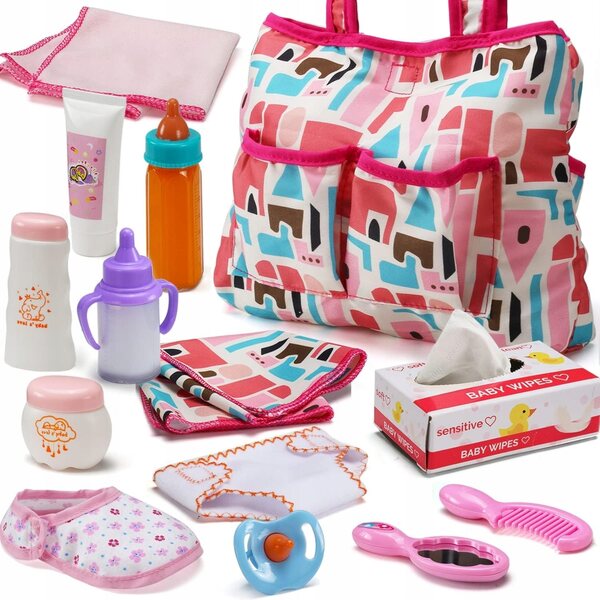 Set 13 Accessori per Bambole Neonato con Borsa, Pannolino e Biberon in Legno