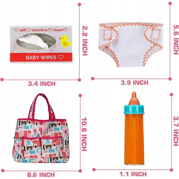 Set 13 Accessori per Bambole Neonato con Borsa, Pannolino e Biberon in Legno