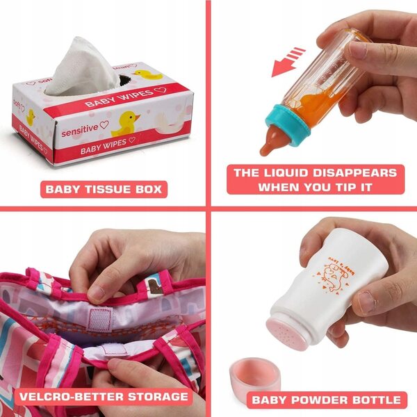 Set 13 Accessori per Bambole Neonato con Borsa, Pannolino e Biberon in Legno