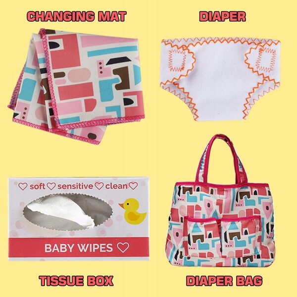 Set 13 Accessori per Bambole Neonato con Borsa, Pannolino e Biberon in Legno