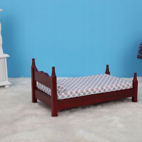 Mini letto singolo in legno rosso per casa delle bambole 1:12 con accessori