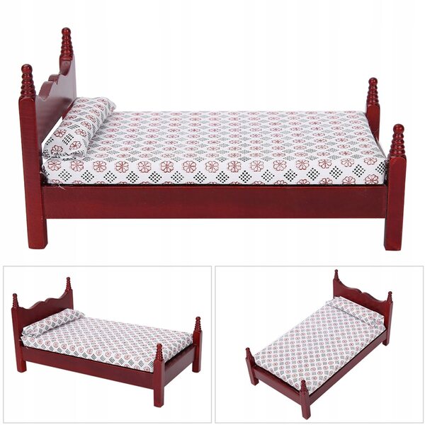 Mini letto singolo in legno rosso per casa delle bambole 1:12 con accessori
