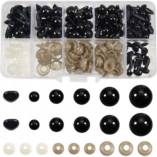Set aus Sicherheitsaugen und schwarzen Kunststoffnasen 6–12 mm mit Unterlegscheiben für Puppen