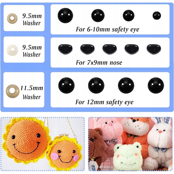 Set aus Sicherheitsaugen und schwarzen Kunststoffnasen 6–12 mm mit Unterlegscheiben für Puppen