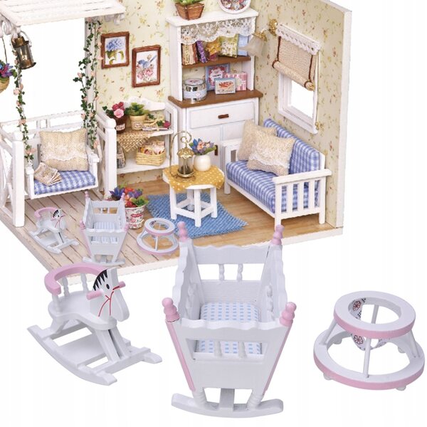Mini-Holzmöbel-Set 1:12 Puppenhaus-Wiege und Schaukelpferd