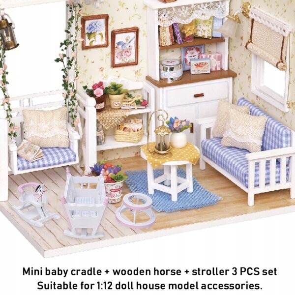 Mini-Holzmöbel-Set 1:12 Puppenhaus-Wiege und Schaukelpferd