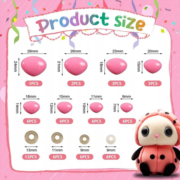 TOAOB Rosa dreieckige Puppennasen 9–29 mm mit Stützen – 33-teiliges Set