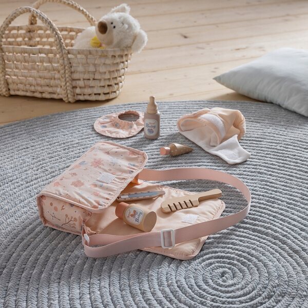 Howa Przewijak per Bambole Miniflowers con 7 Accessori in Legno e Tessuto