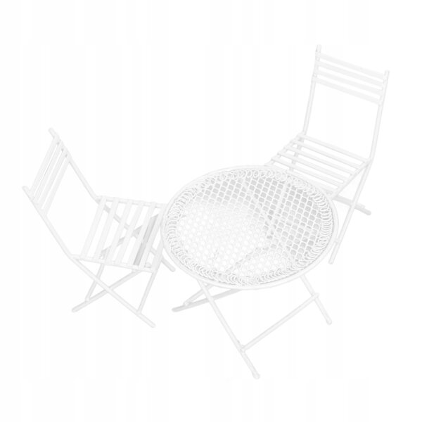 Mini-Set mit weißem Gartentisch und Stühlen für ein Puppenhaus im Maßstab 1:12